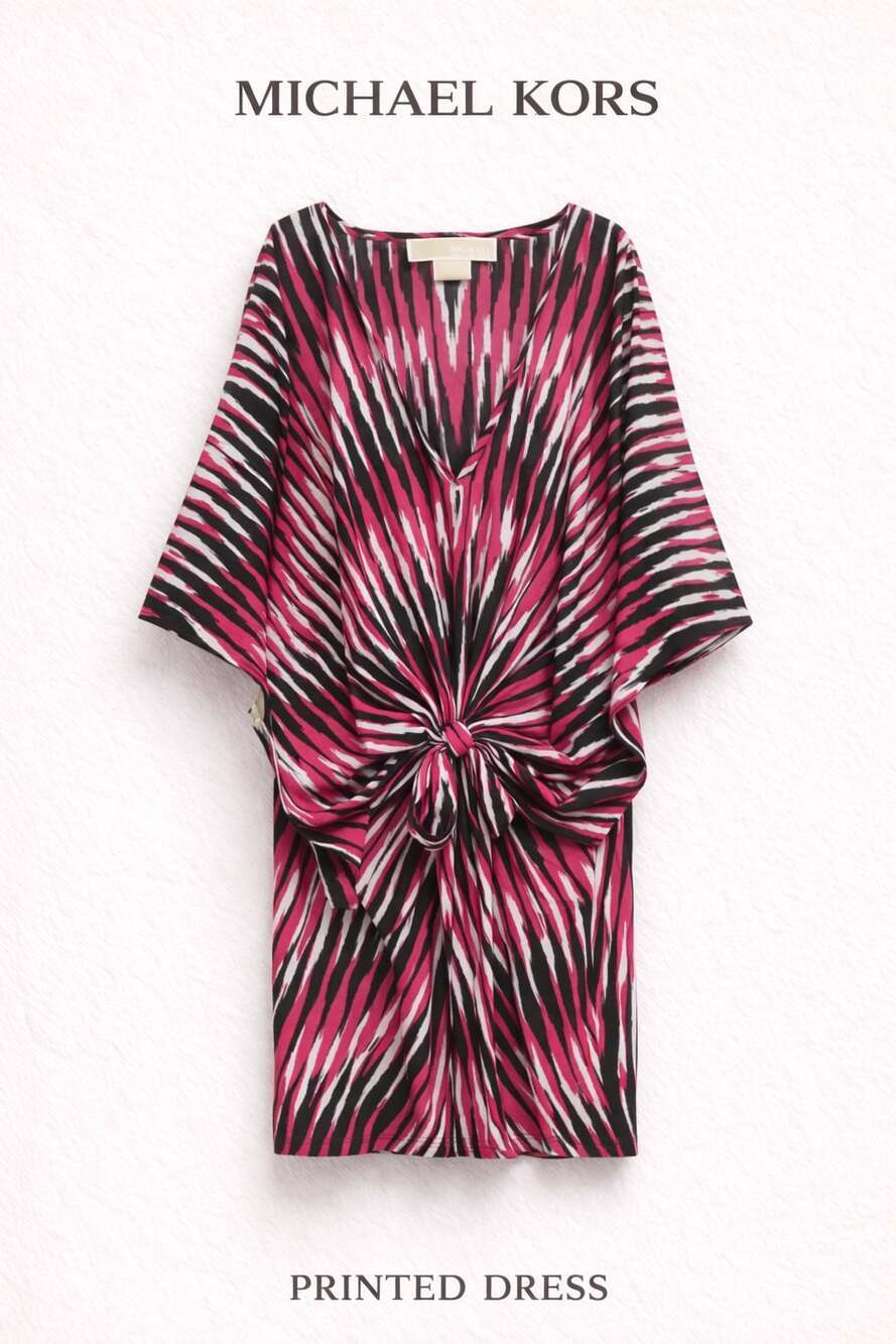 Michael Kors Abstract Batwing Poncho Blouse Tie Waist Kimono Pink Black L/XL